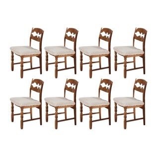 Danish Razor Blade Chairs in Oak and Sheepskin from Henning Kjærnulf, 1970s, Set of 8 For Sale