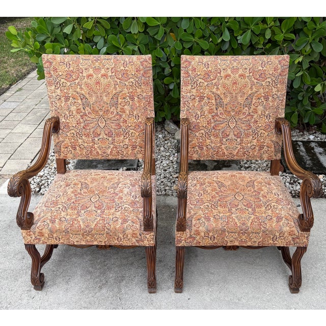 Vintage Baroque-Style Carved Armchairs With Scrolled Arms, Pair For Sale - Image 4 of 12