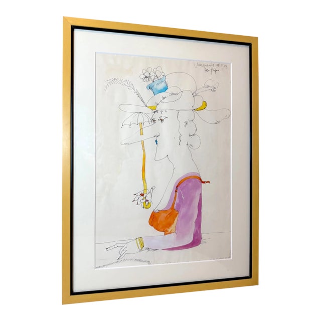 Vintage French Whimsical Elder Lady With Hat Mixed Media Drawing Sketch Art For Sale