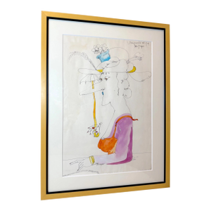 Vintage French Whimsical Elder Lady With Hat Mixed Media Drawing Sketch Art