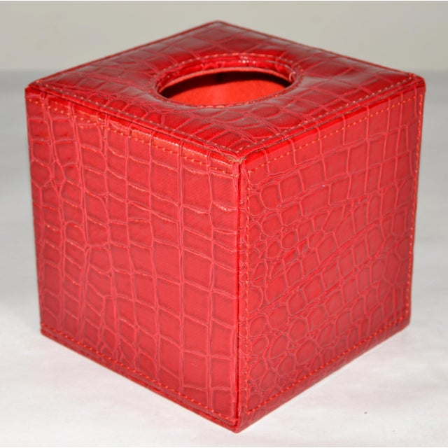 1970s Vintage Square Red Embossed Faux Crocodile Leather Tissue Box Cover For Sale - Image 5 of 12