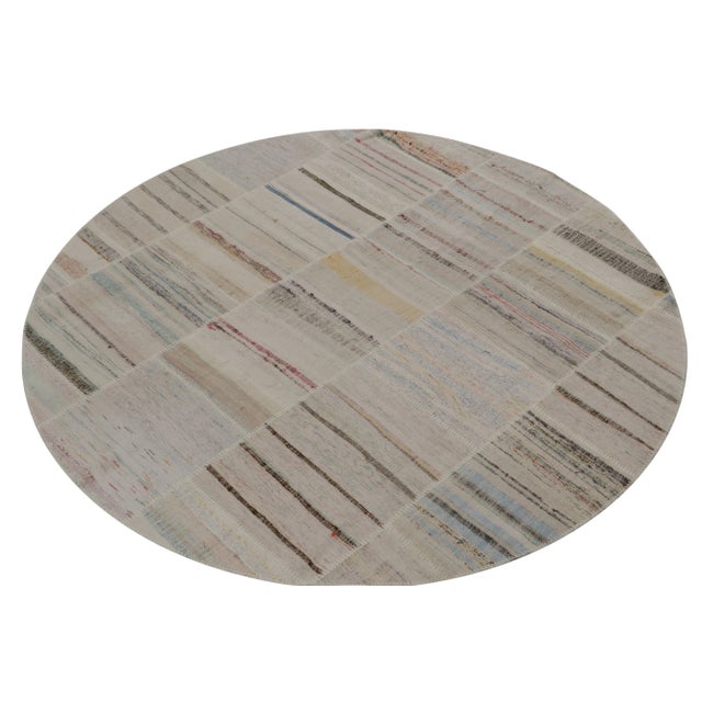 Rug & Kilim Rug & Kilim’s Patchwork Kilim Circle Rug in Polychromatic Stripes For Sale - Image 4 of 7