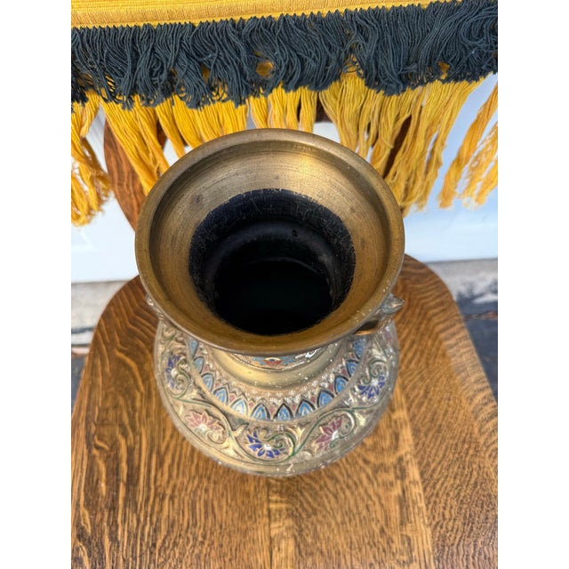 Large Bronze Champlevé Enameled Handled Vase For Sale - Image 4 of 8