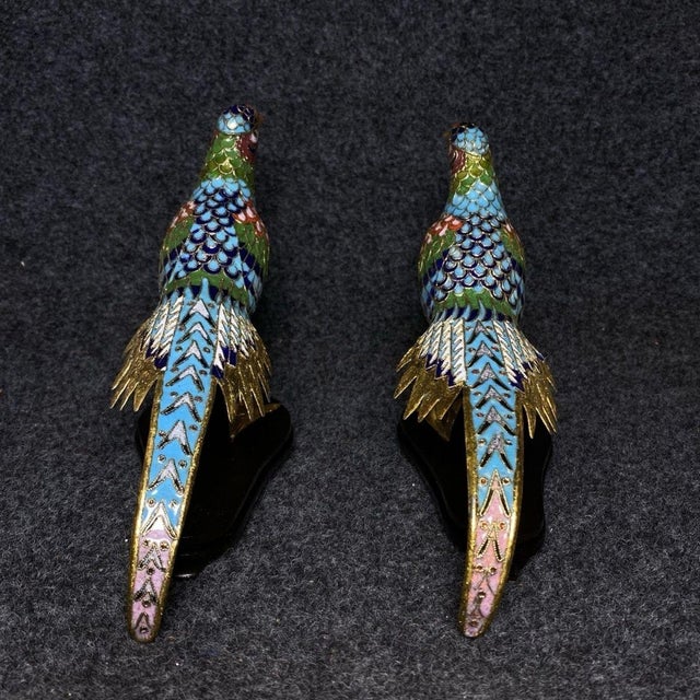 Late 20th Century Pair of Cloisonne Enamel Pheasant Figures – 7.7" Golden Bird Sculptures on Stands For Sale - Image 5 of 9
