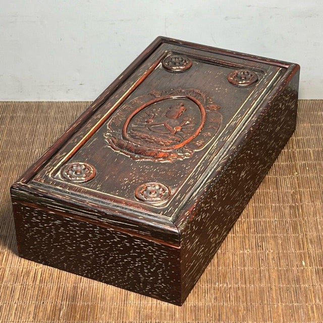 Wood Vintage Bloodwood Rectangular Storage Box, Hand Carved Thousand-Hand Kwan Yin Relief, Chinoiserie Keepsake Box For Sale - Image 7 of 9