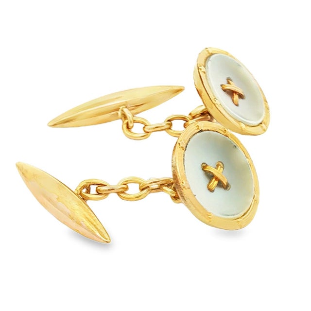 Modern Mid 20th Century 18k Yellow Gold Mother of Pearl Button Style Cufflinks, A Pair For Sale - Image 3 of 3