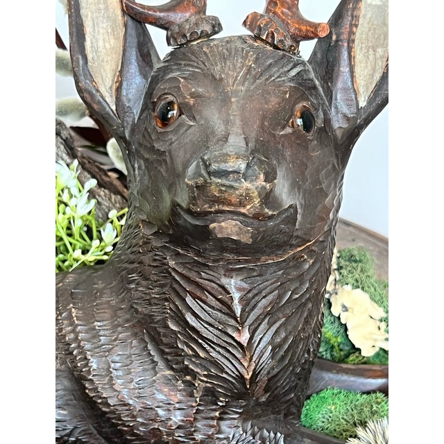 Folk Art Vintage Hand-Carved Wooden Deer Diorama Folk Art Stag Sculpture in Rustic Bowl Woodland Centerpi For Sale - Image 3 of 7