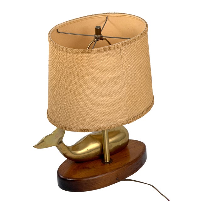 Brass Vintage 1970s Brass Whale Table Lamp W/ Walnut Wood Base & Grasscloth Shade For Sale - Image 8 of 18