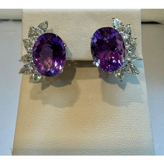 22 Ct Natural Amethyst & 3.60 Ct Pear shape Diamond Stud Earrings, 14KWG, A Pair For Sale - Image 17 of 18
