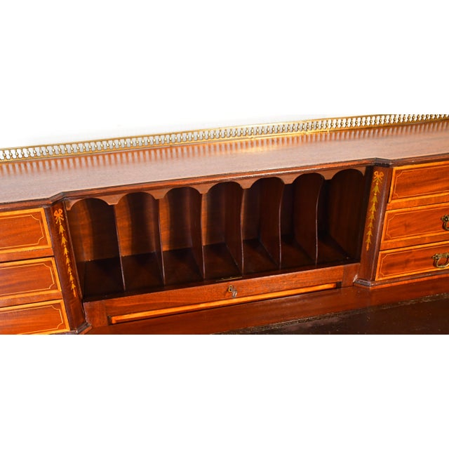 1900s Antique Federal Style Inlaid Mahogany Writing Desk With Leather Top & Gallery Birmingham Desk For Sale - Image 4 of 18