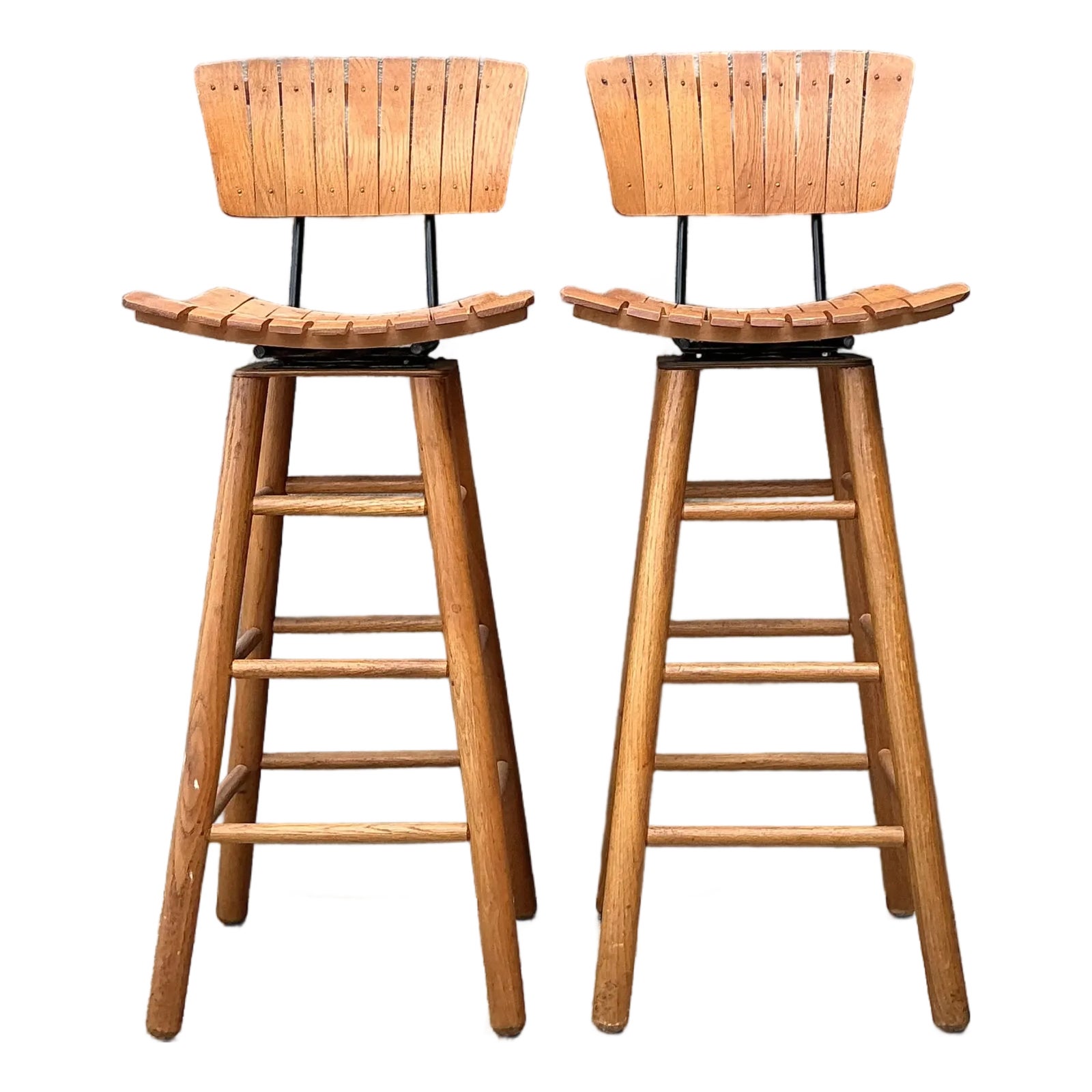 Vintage MCM Slat Swivel Bar Stools After Arthur Umanoff | Chairish