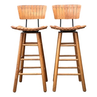 Vintage MCM Slat Swivel Bar Stools After Arthur Umanoff For Sale