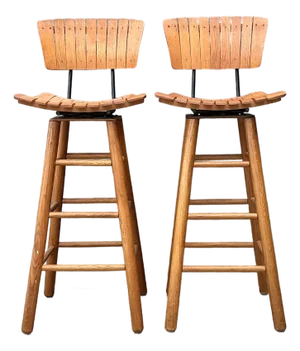 Vintage MCM Slat Swivel Bar Stools After Arthur Umanoff