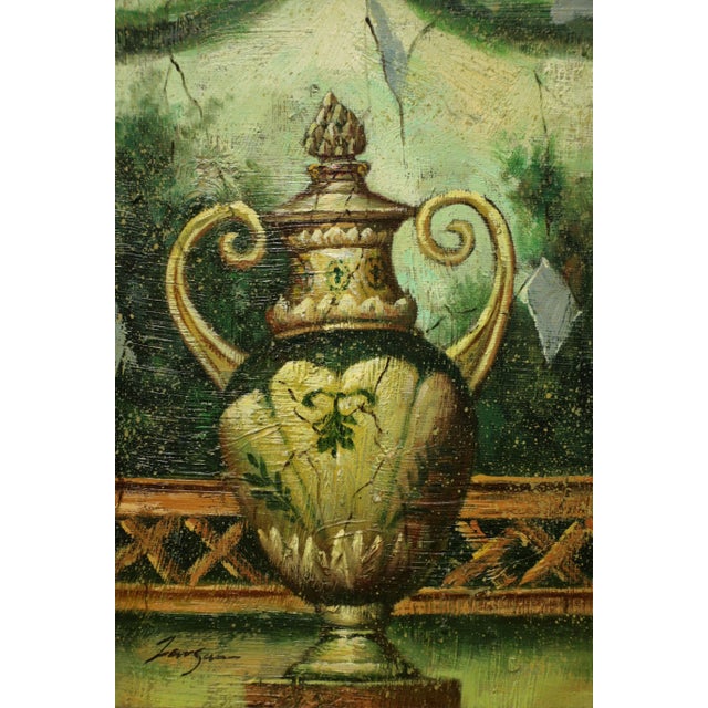 An original oil painting on canvas, from the 20th Century. Untitled, (Grecian Urn). Signed, illegible signature, to lower...