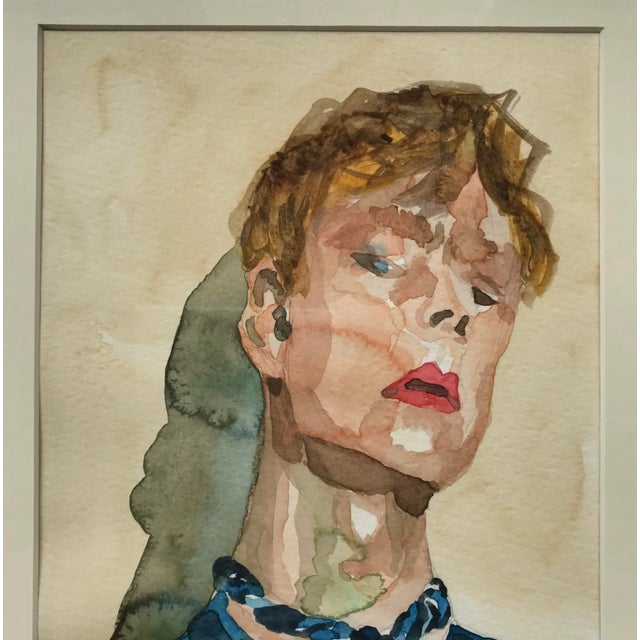 Modern Expressionist Portrait Original Watercolor Painting in Vintage Giltwood Frame For Sale - Image 4 of 11