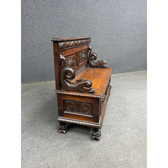 Rj Horner Style American Carved Quarter Sawn Oak Hall Bench With Lift Seat Storage For Sale - Image 11 of 12