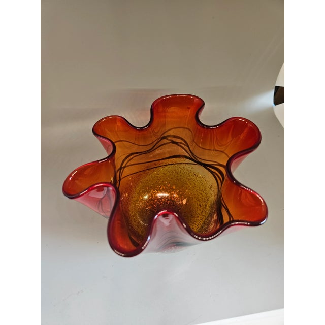 CYS Excel Art Glass Handkerchief Vase Modern Amberina Silver Flecks Black Free-Form Lines