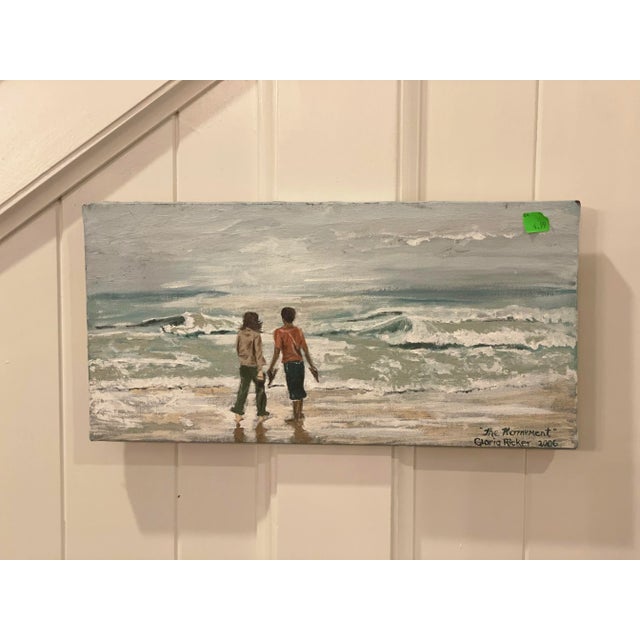 Textile "The Moment" Painting of a Couple on the Beach and Ocean Waves Original Signed For Sale - Image 7 of 9