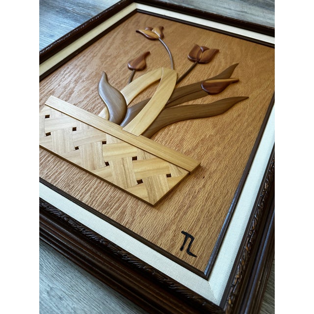 1980s Intarsia Wood Floral Wall Art Pair | Tulip and Peony Basket Carvings - Signed - Set of 2 For Sale In Dallas - Image 6 of 12