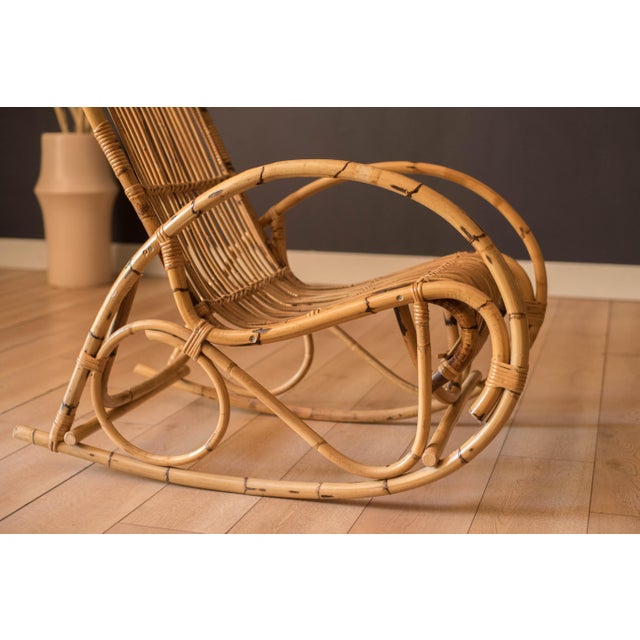 Mid-Century Modern Vintage Sculptural Franco Albini Style High Back Bamboo Rocking Chair For Sale - Image 3 of 18