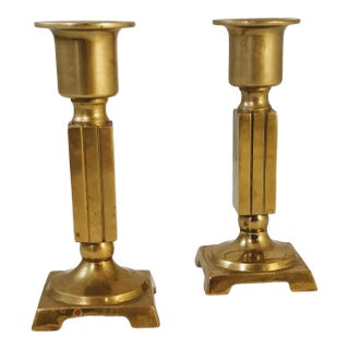 Mid-Century Solid Brass Squared Candlesticks a Pair For Sale