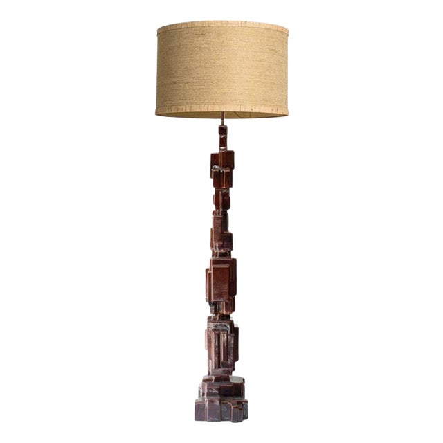 Brutalist Dark Brown Ceramic Floor Lamp attributed to R. Houben, 1970 For Sale
