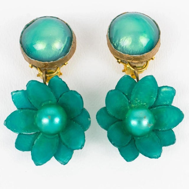 Francoise Montague Earrings Turquoise Green Flowers For Sale - Image 4 of 6