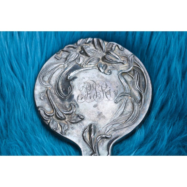 1900's Art Nouveau Silver Plated Repousse Hand Mirror For Sale In Greenville, SC - Image 6 of 11