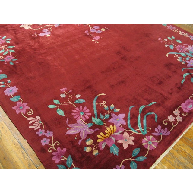 Rectangle 1930s Knotted Wool Antique Chinese Room Size - Art Deco Coral Rug, Circa Date: 1930s. This magnificent example...