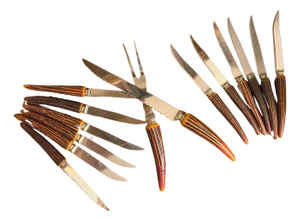Bakelite Horn Carving Set and 12 Steak Knives- Set of Fourteen
