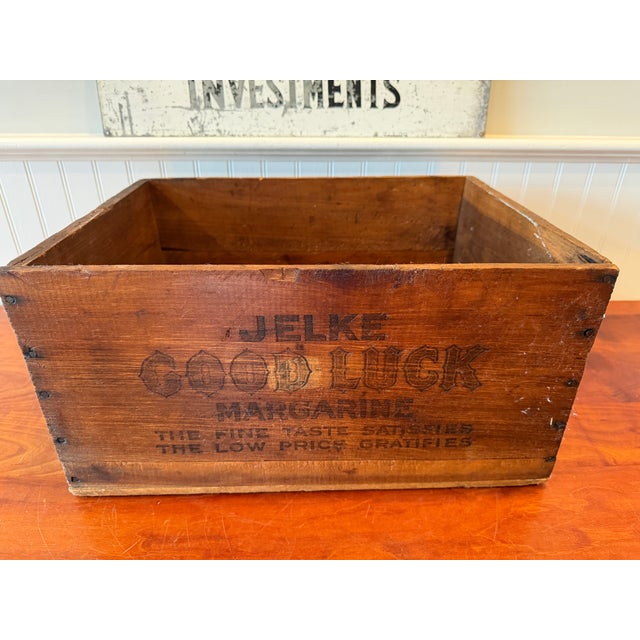 Antique Jelke "Good Luck" Margarine Advertising Wooden Crate – Primitive Country Store Box With Original Illinois Tax Labels For Sale - Image 10 of 14