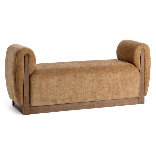 Accent bench wrapped in a soft caramel-toned textured polyester velvet. The generously cushioned seat is framed by...