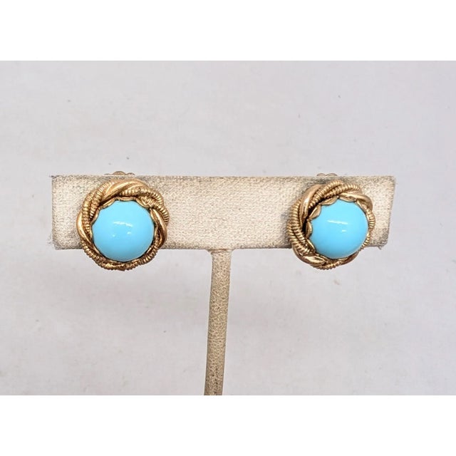 Vintage 1950s Signed Napier Goldtone Cabochon Faux-Turquoise Clip Earrings-2 Pieces For Sale In Philadelphia - Image 6 of 7