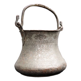 Large Vintage Engraved Islamic Tinned Bucket in Copper, 1920s For Sale