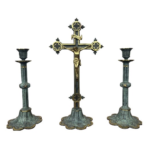 Vintage Style Ornate Religious Cross with Candleholders, Set of 3 For Sale