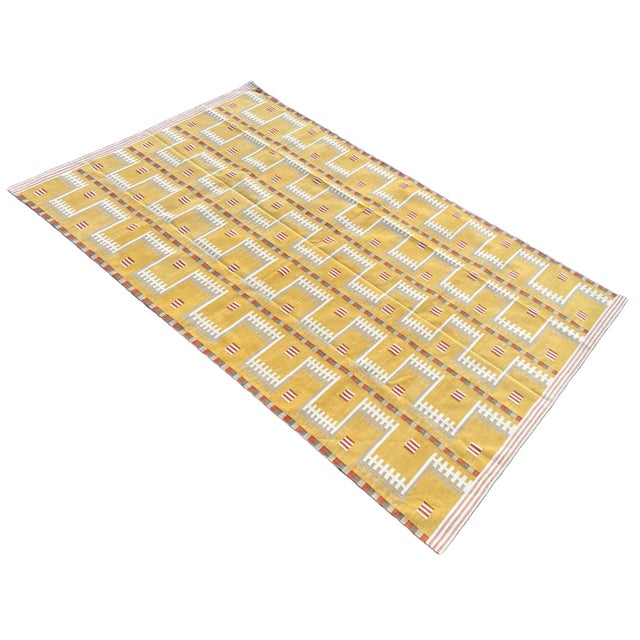 Mid-Century Modern Handwoven Cotton Area Rug Natural Vegetable Dyed Mustard Beige Cream & Red Marianne Geometric Dhurrie - 10'x14' For Sale - Image 3 of 10