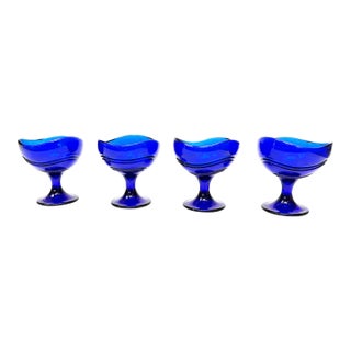 Vintage Cobalt Blue Italian Glass Stemmed Goblets - 4 Pieces For Sale