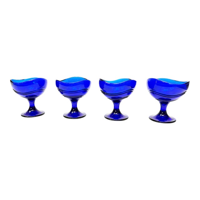 Vintage Cobalt Blue Italian Glass Stemmed Goblets - 4 Pieces For Sale