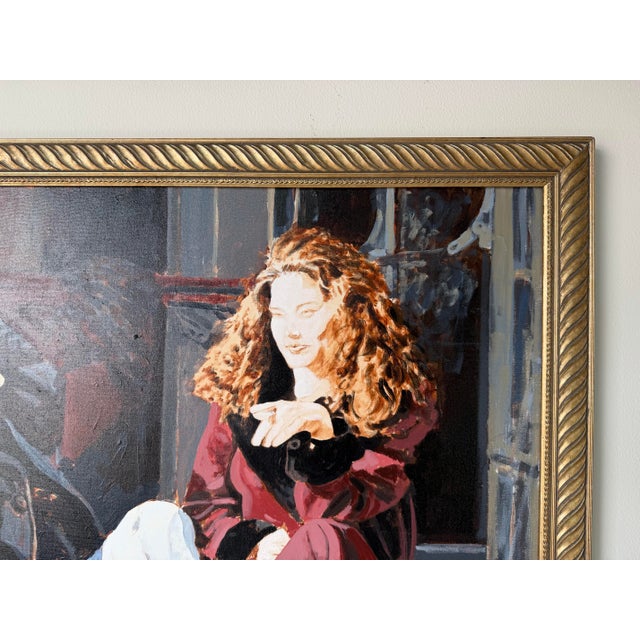 Textile 1980’s Vintage Azene Figurative Scene Oil on Canvas Painting, Framed For Sale - Image 7 of 12