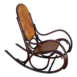 Late Victorian Oak Scrolling Rocking Chair W/ Art Nouveau Branded Seat, Fischel For Sale
