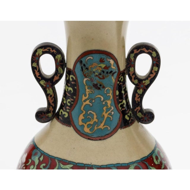 Late 19th Century Pair Japanese Cloisonne Enamel Vases With Phoenix Panels Meiji Period For Sale - Image 5 of 10