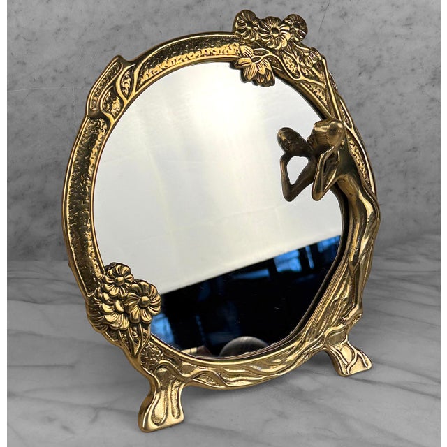 Art Nouveau Vintage Art Nouveau Brass Women Round Vanity Table Mirror For Sale - Image 3 of 7