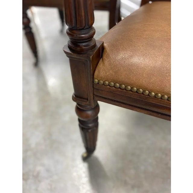 Coffee Polo Ralph Lauren Classic Vintage Carved Wood Accents Arm Chairs With Traditional Cognac Leather Seats - A Pair For Sale - Image 8 of 11