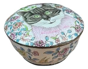 Late 20th Century Chinese Hand Painted Enamel Kitty Cat Jewelry Box