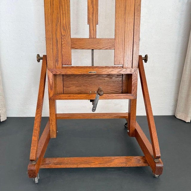 1940s Large Industrial Adjustable Oak Artist Easel by e.h. & a.c. Friedrichs Co. For Sale - Image 9 of 13