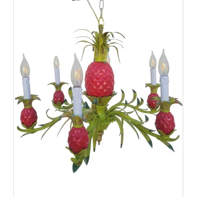 Chartreuse Vintage Custom Hand Painted Palm Beach Regency Pink Green Pineapple 6 Light Chandelier W/ Striped Shades For Sale - Image 8 of 12