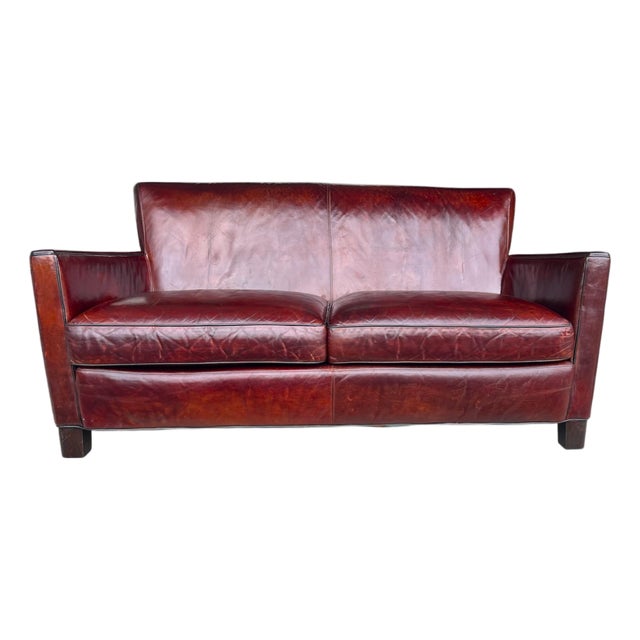 Crate & Barrel Vintage Hand-Dyed Burgundy Leather Loveseat With Rich Patina and Sloped Arms For Sale