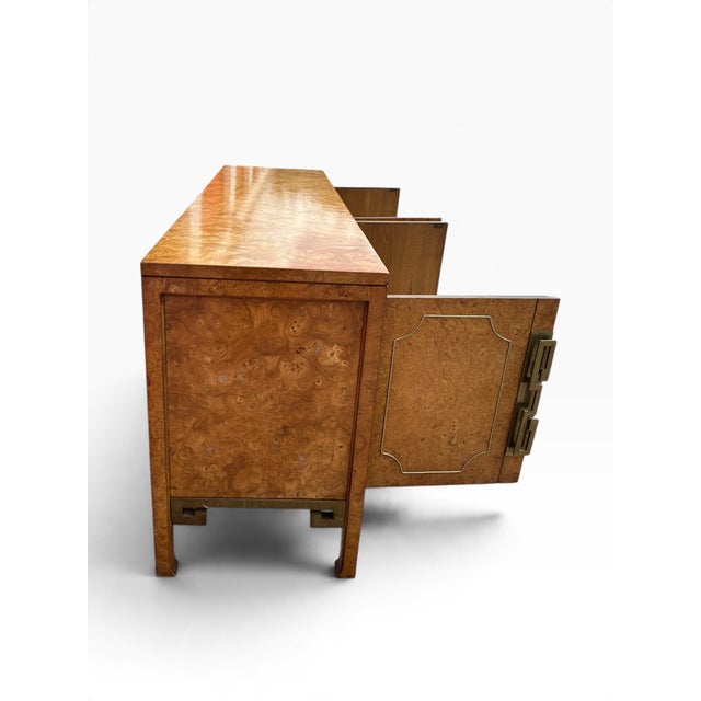 1970s 1970s Hollywood Regency Burlwood & Brass Greek Key Credenza, Attributed to Mastercraft For Sale - Image 5 of 10