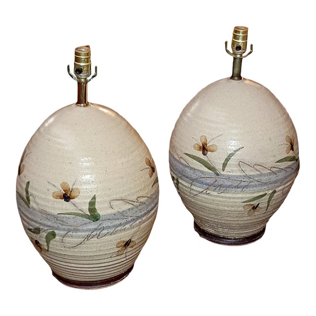 Set of 2 Vintage 1960's Handcrafted Stoneware Table Lamps For Sale
