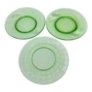 1930's Anchor Hocking Green Depression Glass Swirl & Optic Luncheon 3pc Plate Set